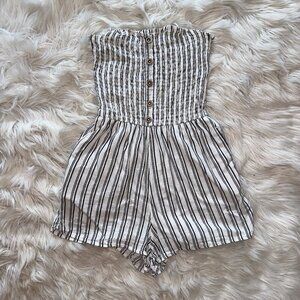 White and Black Striped Strapless Romper